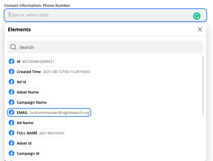 A dropdown reveals available Facebook Lead Ads data one can select to fill a HubSpot contact property.