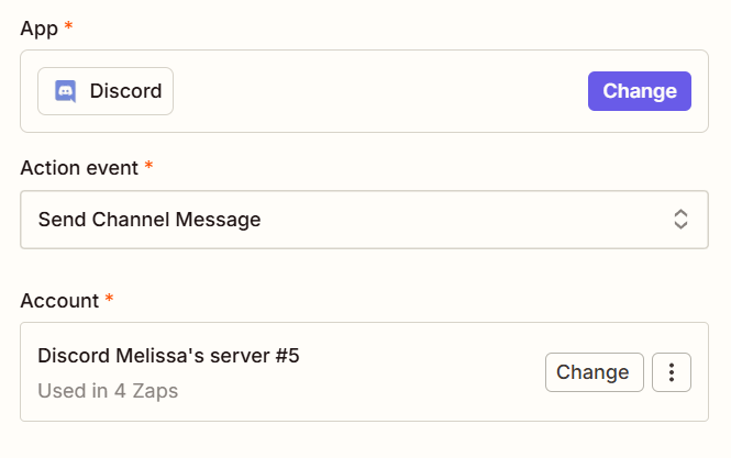 An action step in the Zap editor with Discord selected for the action app and Send Channel Message selected for the action event.