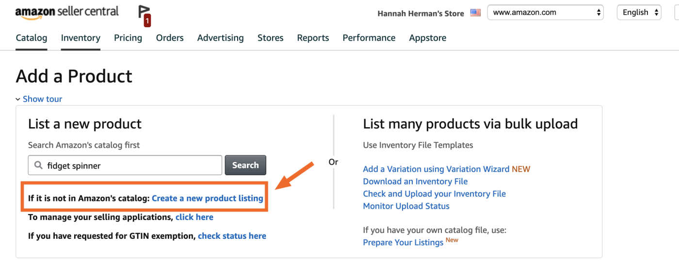 Create a new product listing button on Amazon Seller Central