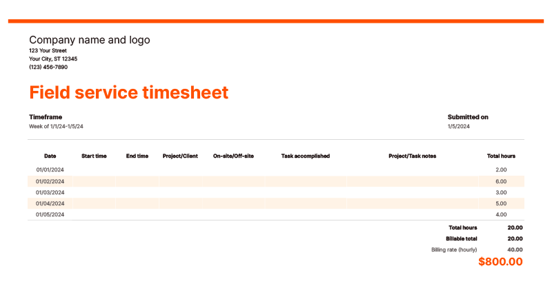 Screenshot of Zapier's field service timesheet template showing how to track time for projects done in the field, like at construction sites