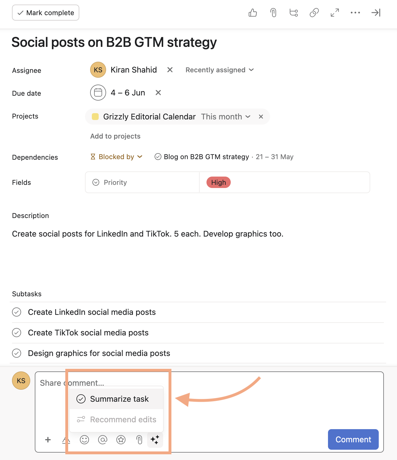 Rich text toolbar in the comments section of an Asana task with the Asana AI icon selected and the option to summarize task highlighted.