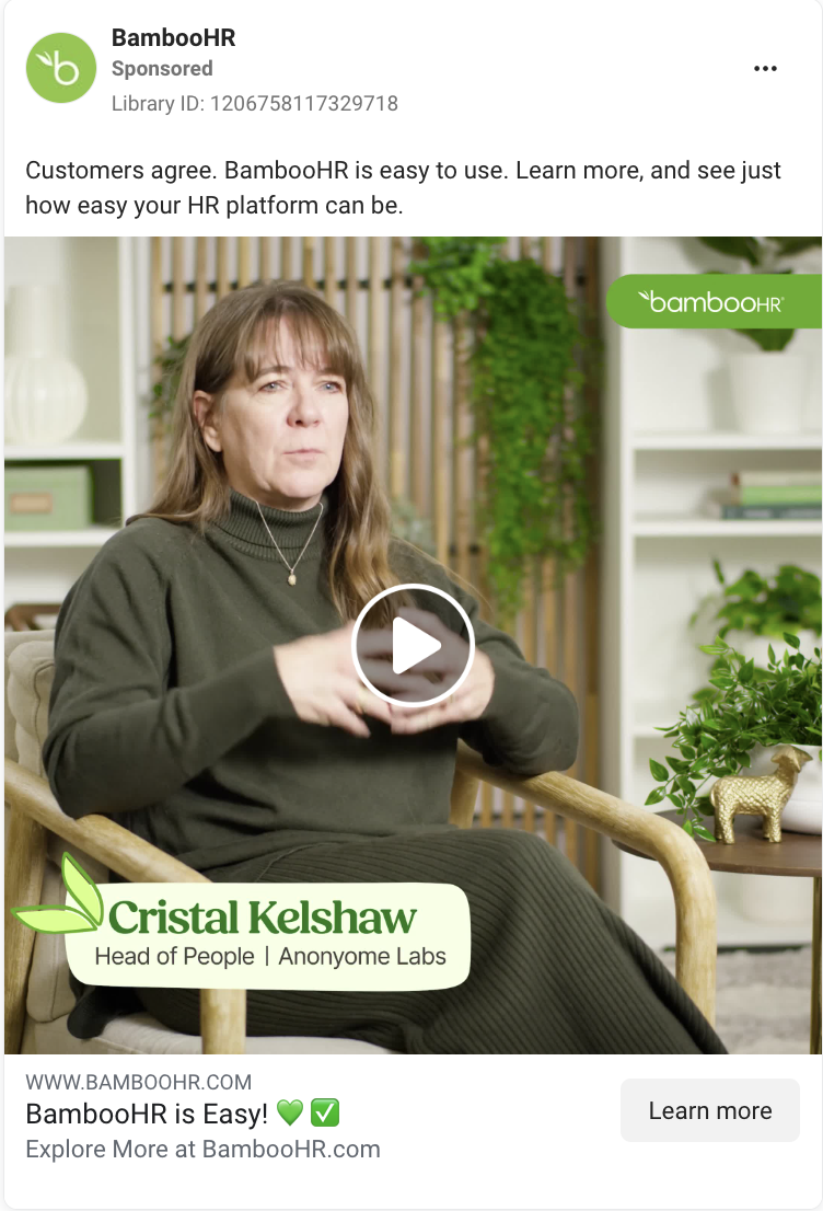 Testimonial video Facebook ad example from BambooHR. 