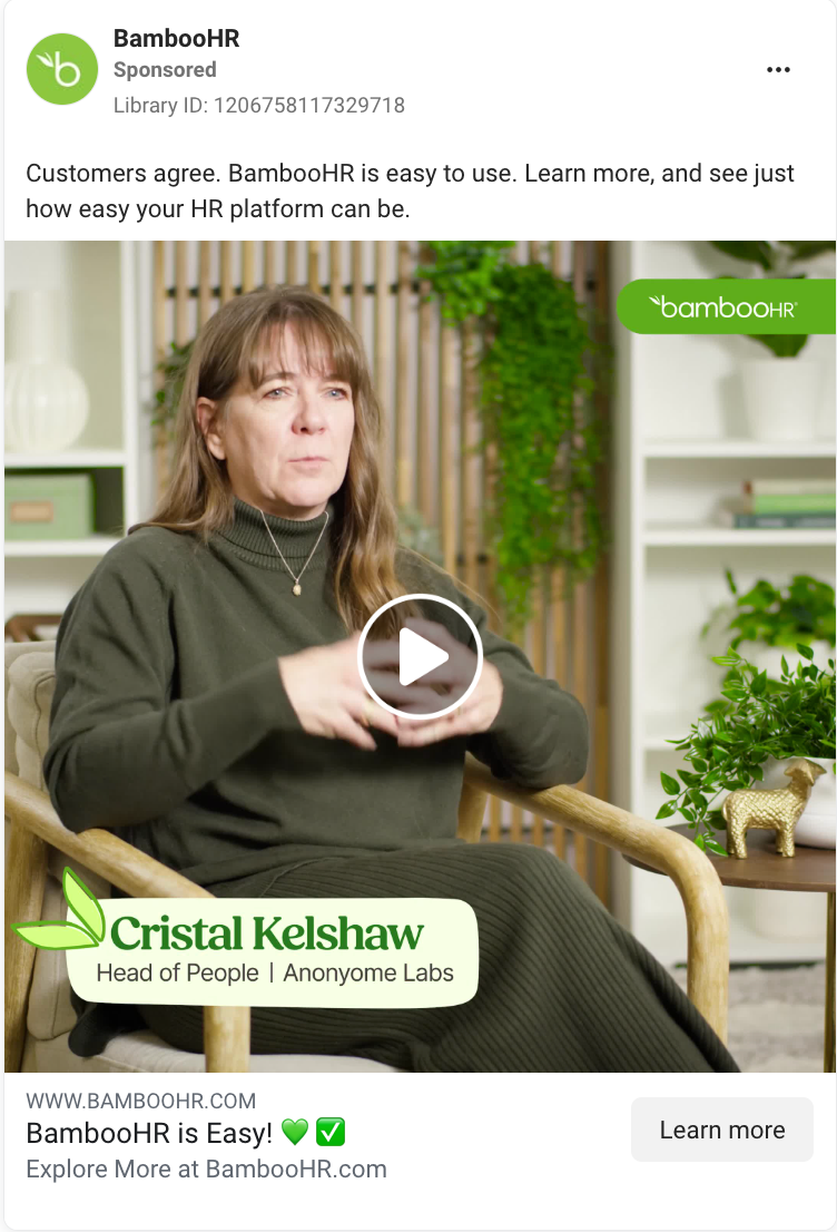 Testimonial video Facebook ad example from BambooHR. 