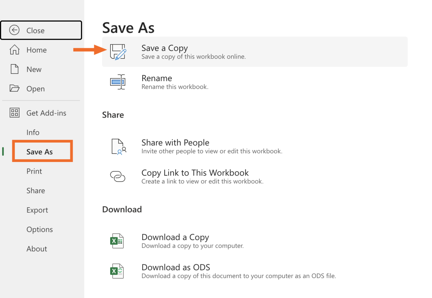Expanded view of Excel's file menu to show how to save an Excel file online. 