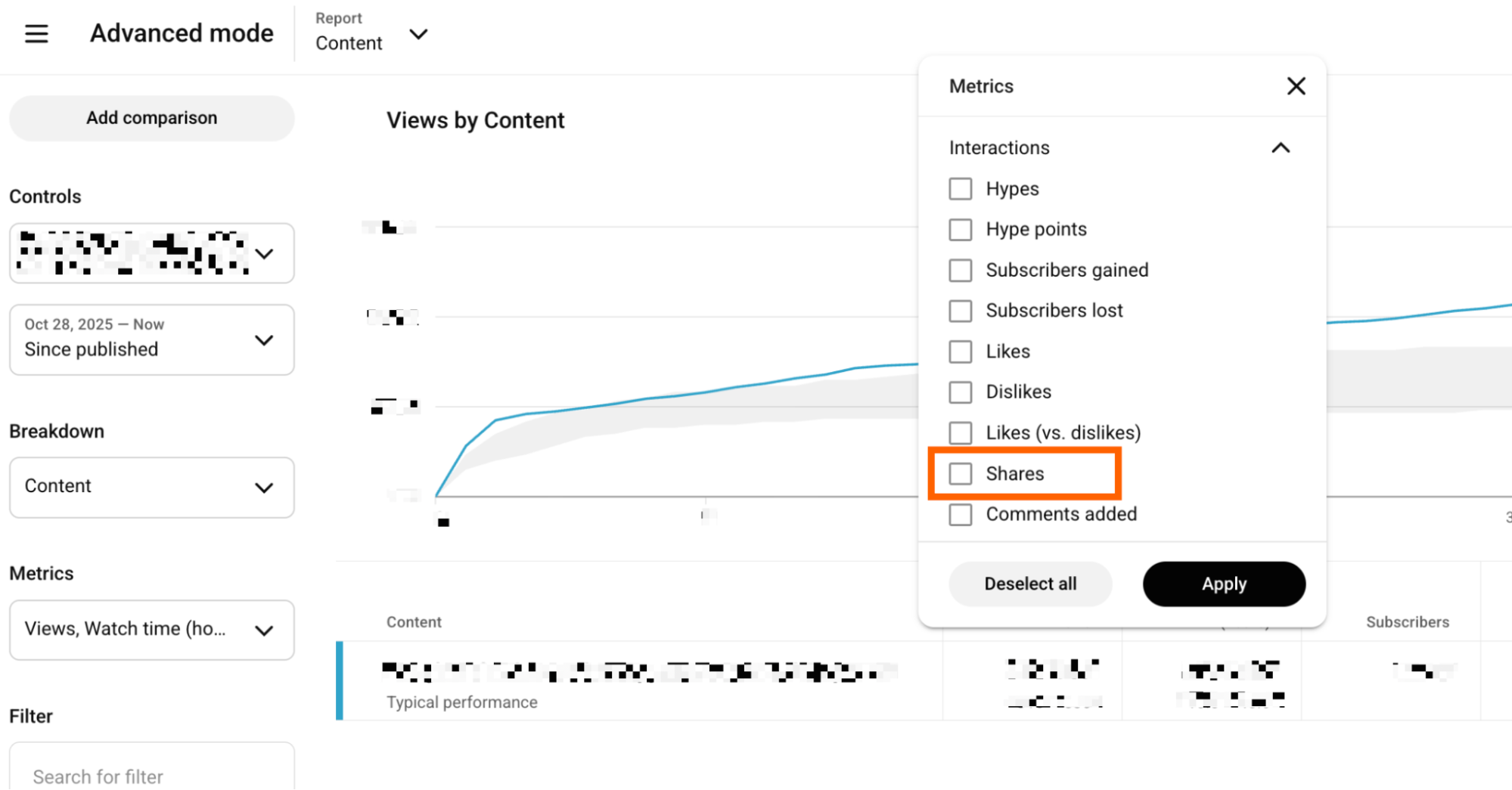 How to add the YouTube shares metrics to a YouTube Studio report. 