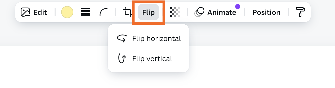 Canva design toolbar with an expanded view of the flip menu. 