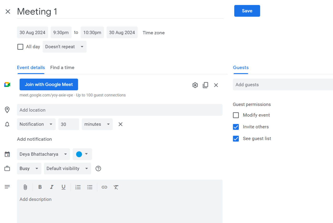 Editing a Google Calendar invite with a Join with Google Meet button