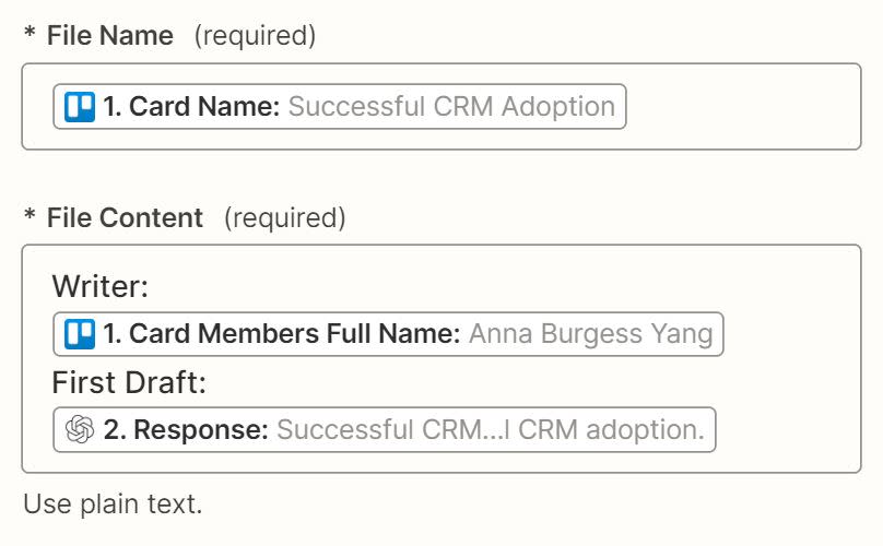 Data from previous Trello and OpenAI steps have been added to the File Name and File Content fields.