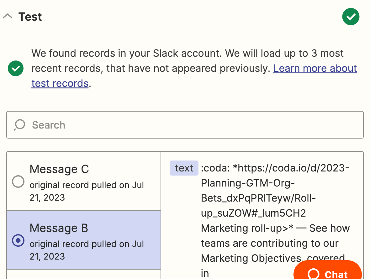 Screenshot of Slack test in Zap editor