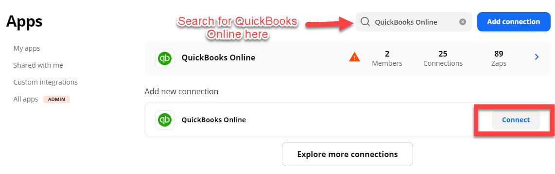 Click "Connect" in the bottom right corner after searching for "Quickbooks Online"