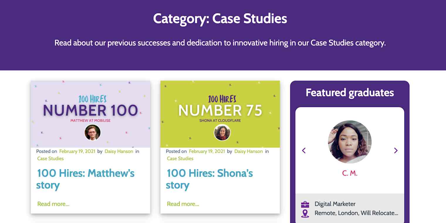 Hero image with a screenshot of case studies