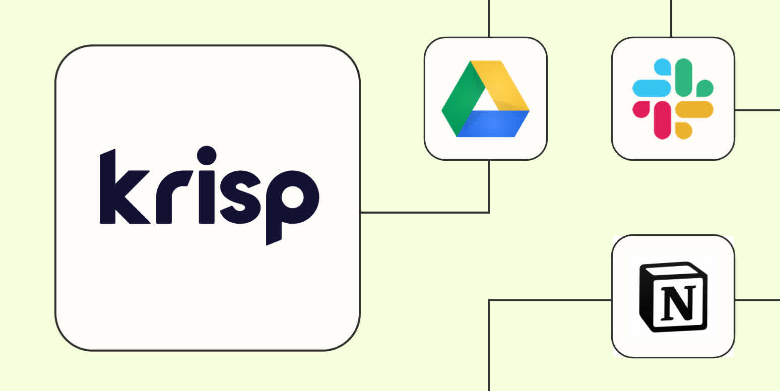 The Krisp logo connected to logos for Google Drive, Slack, and Notion against a lime green background