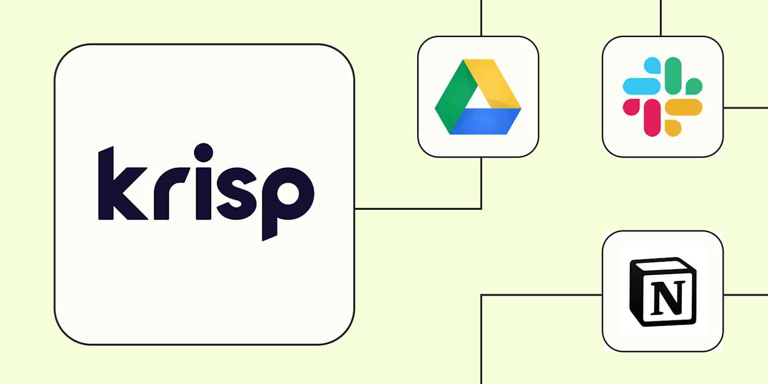 The Krisp logo connected to logos for Google Drive, Slack, and Notion against a lime green background