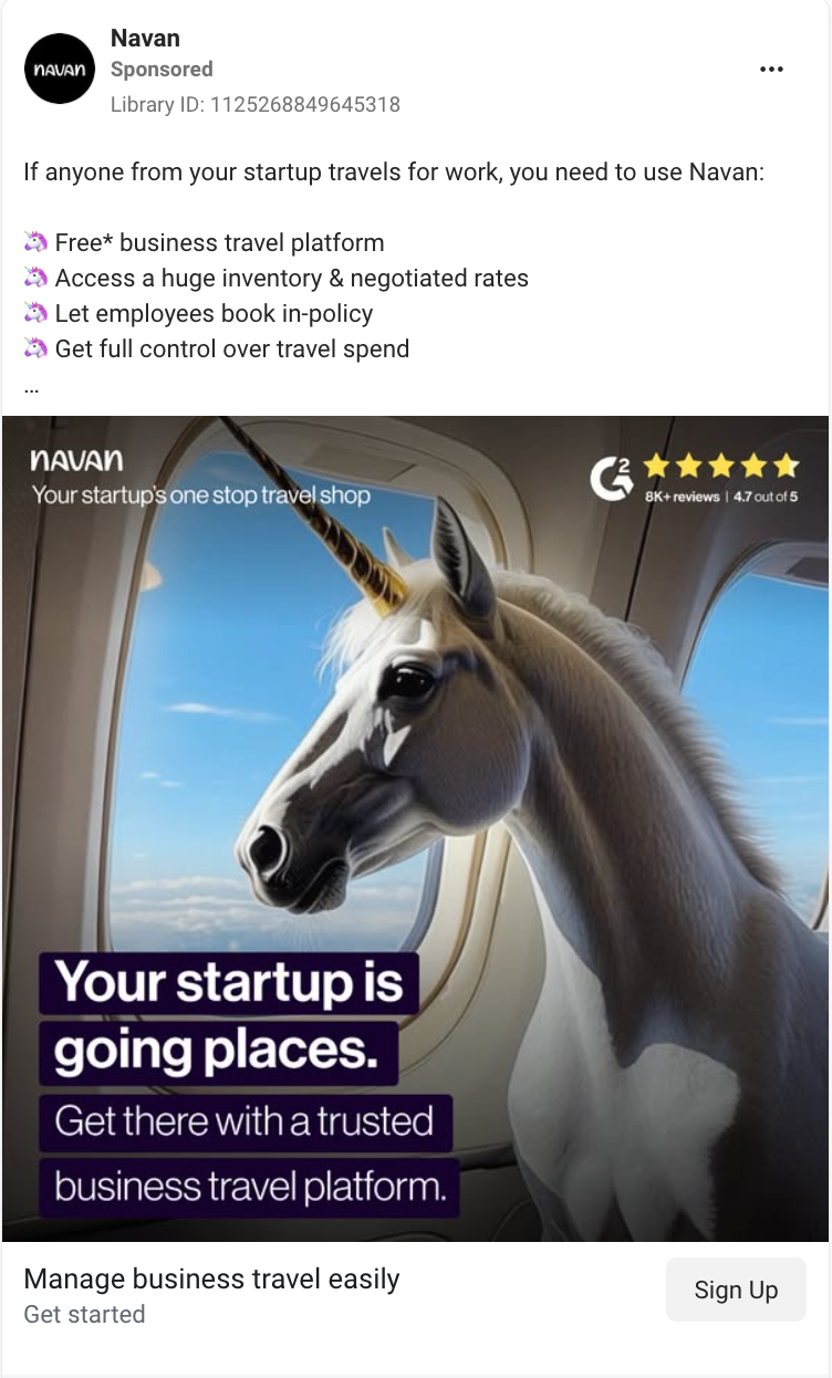 Testimonial static Facebook ad example from Navan. 