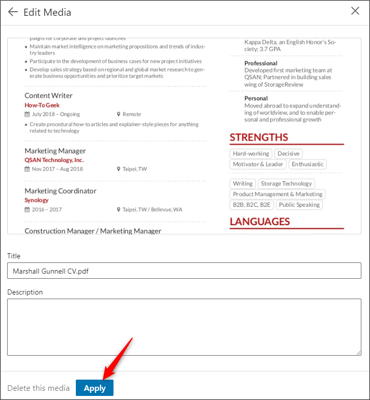 Apply button on resume preview