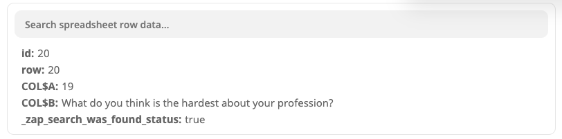 The search step tested in the Zap editor. The test data has pulled the information from the spreadsheet columns, which includes a number and an icebreaker question.