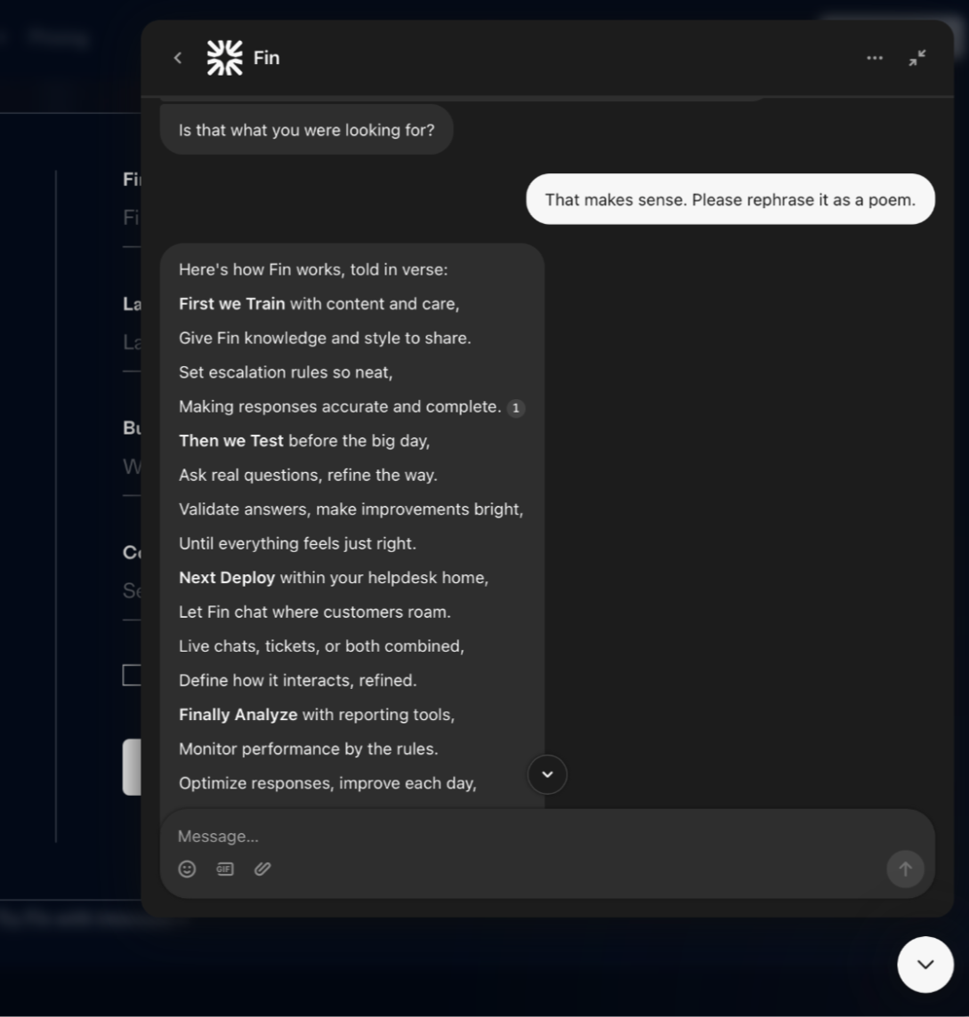 Fin, Intercom's AI chatbot, responding in verse.