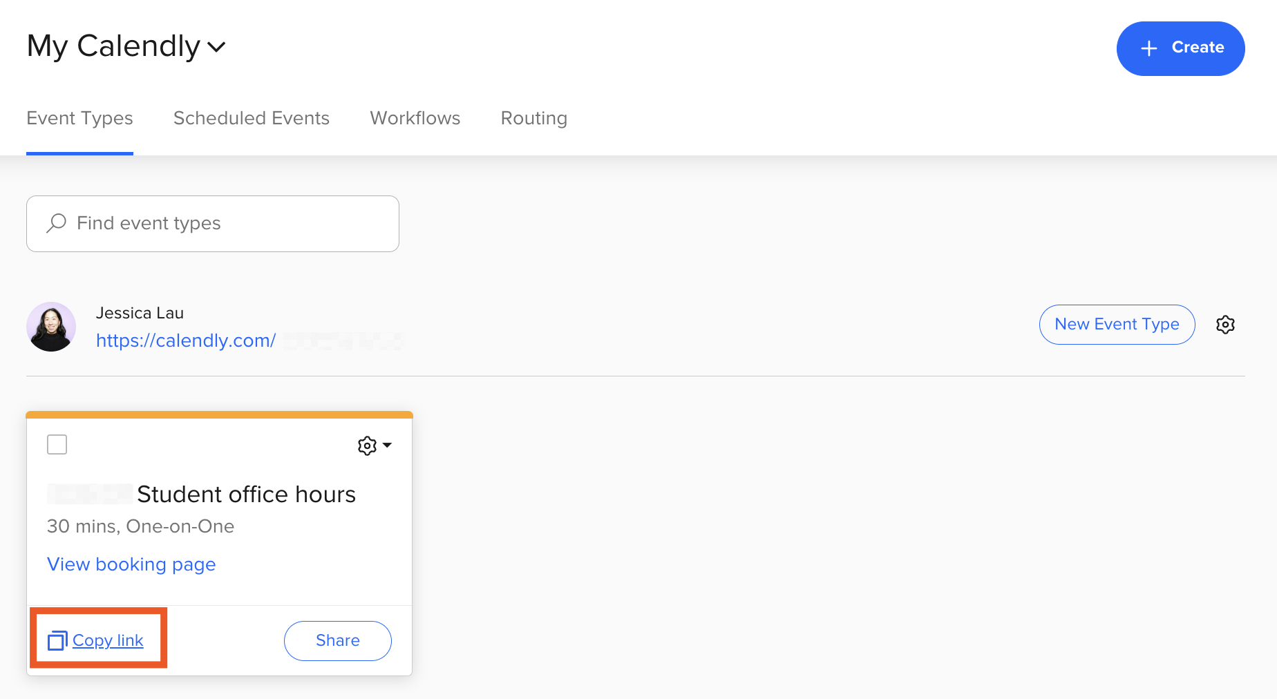 How to find and share the link to an Event Type in Calendly.