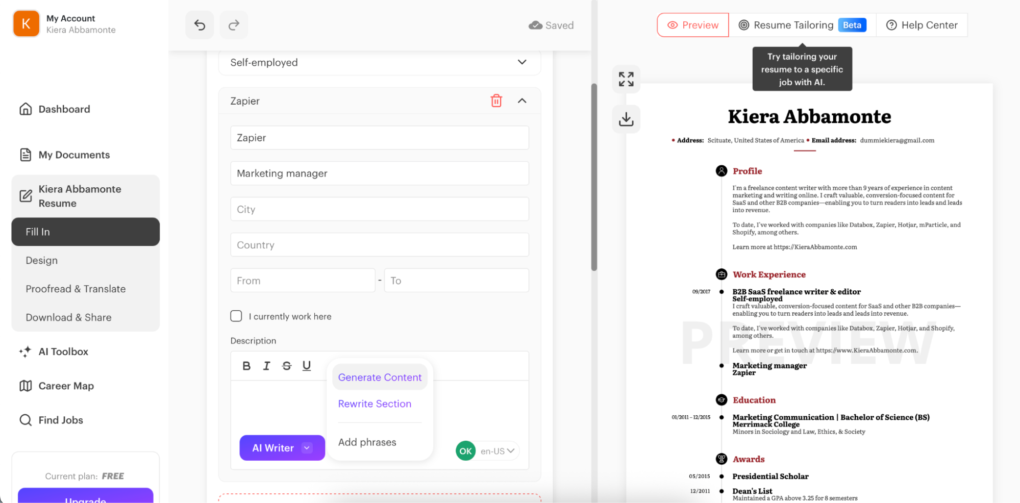 The Kickresume AI content generator