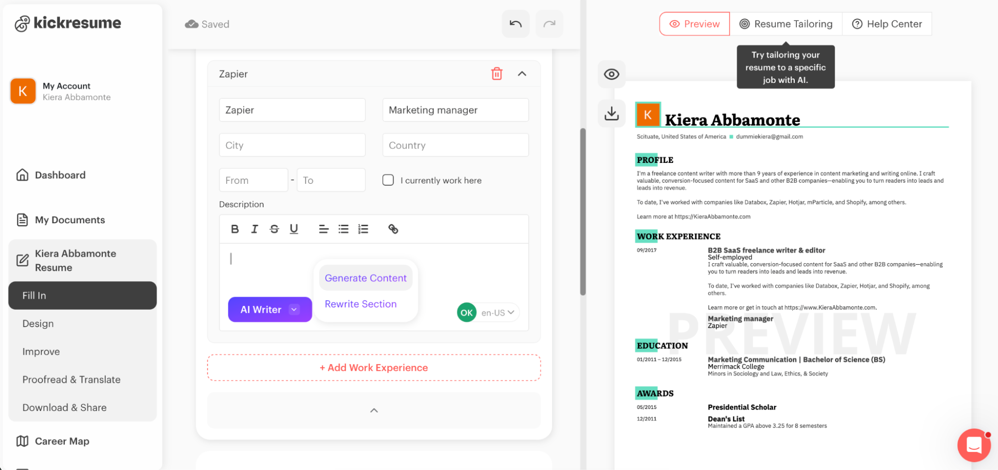 The Kickresume AI content generator