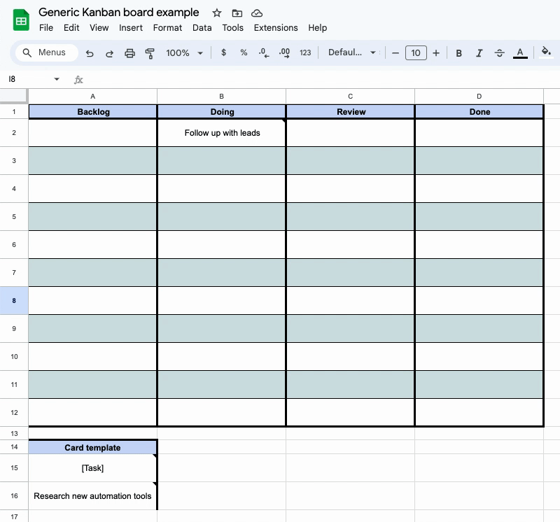 Gif of Google Sheets document titled Generic Kanban board example with cursor clicking on a task card cell labeled research new automation tools and dragging it onto the board.