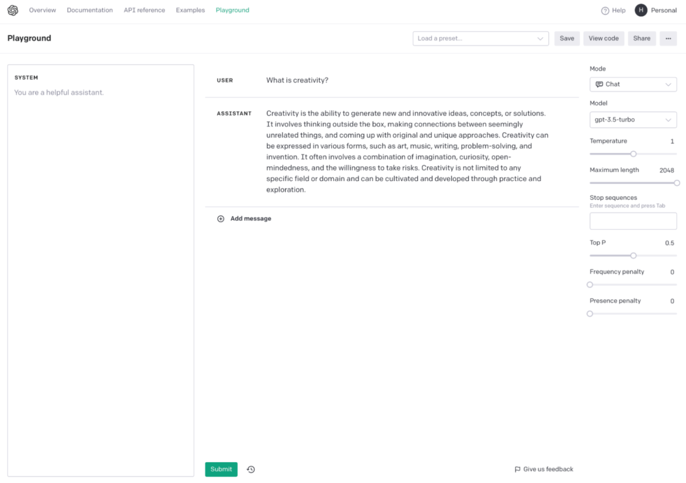 The OpenAI playground with temperature at 1 and Top P at 0.5