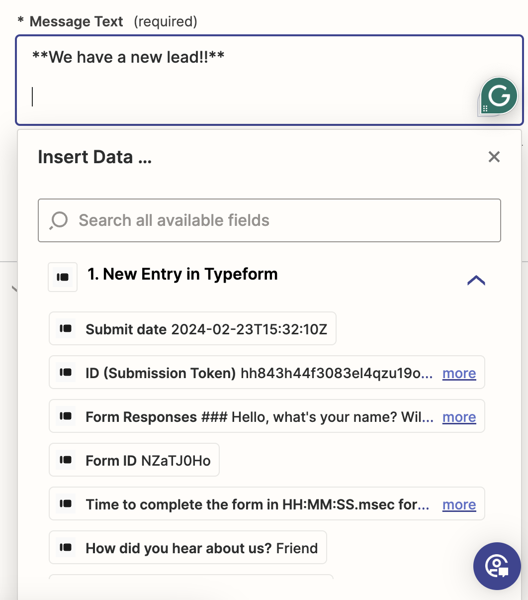 A screenshot of the data options from Typeform in the "Message Text" field of a Zapier action step.