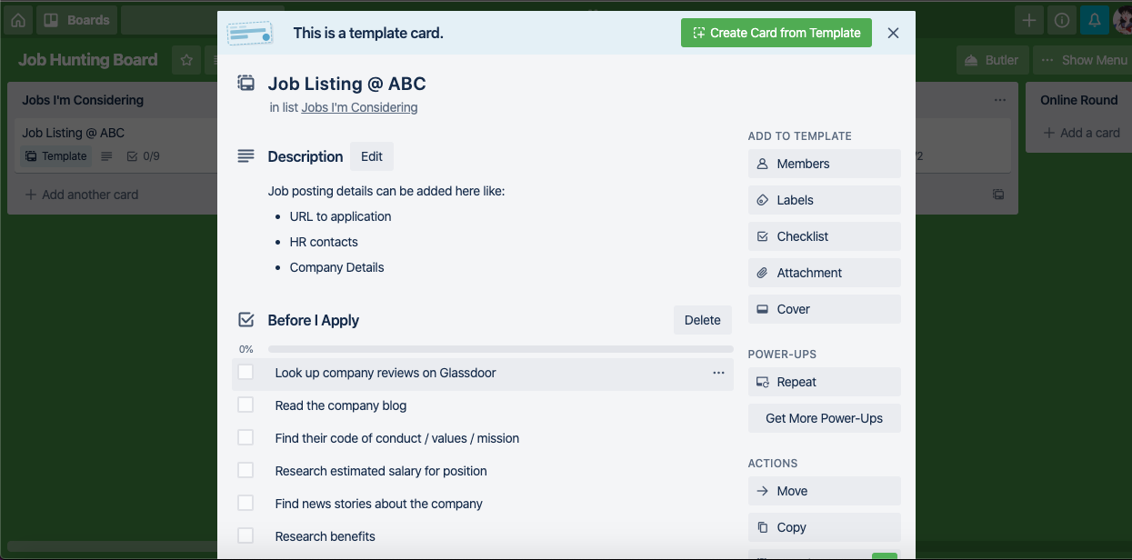 A Trello card for a job listing that includes a checklist of tasks to complete before applying.
