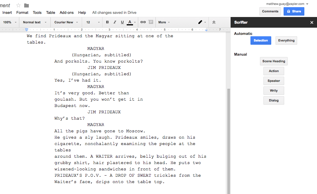 Scrifter screenplay for Google Docs