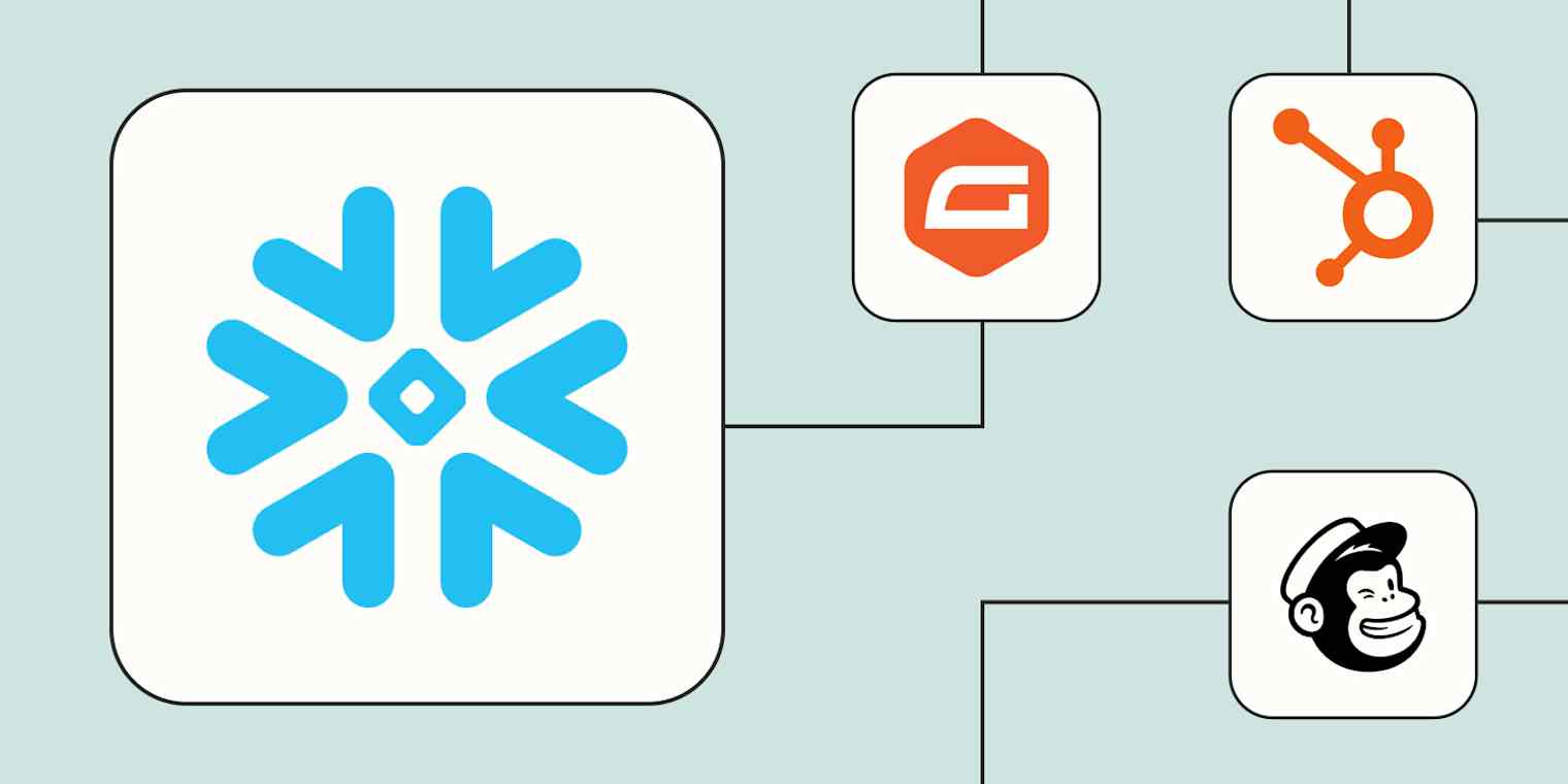 A hero image of the Snowflake app logo connected to other app logos on a light blue background.