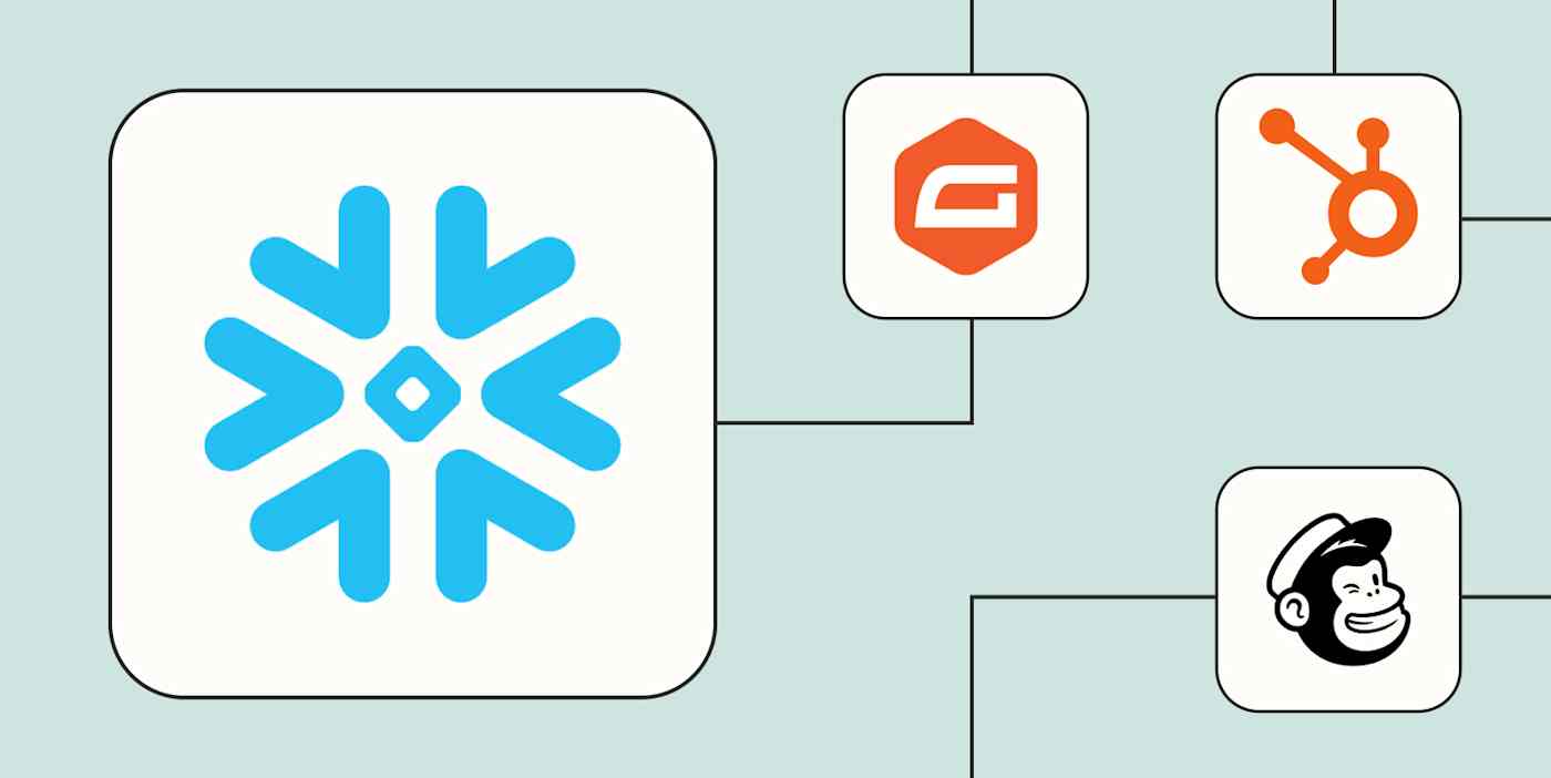 A hero image of the Snowflake app logo connected to other app logos on a light blue background.