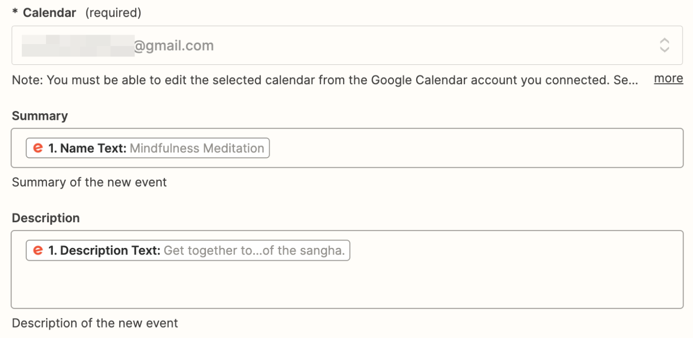 Google Calendar fields in the Zap editor with Eventbrite event details added to each field.