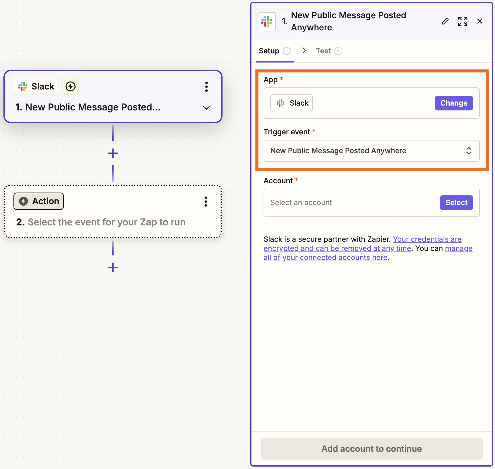 Zapier workflow setup showing Slack trigger New Public Message Posted Anywhere with account selection option