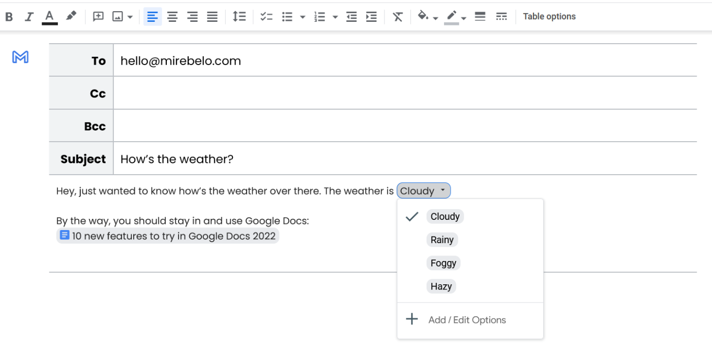 Drafting an email in Google Docs