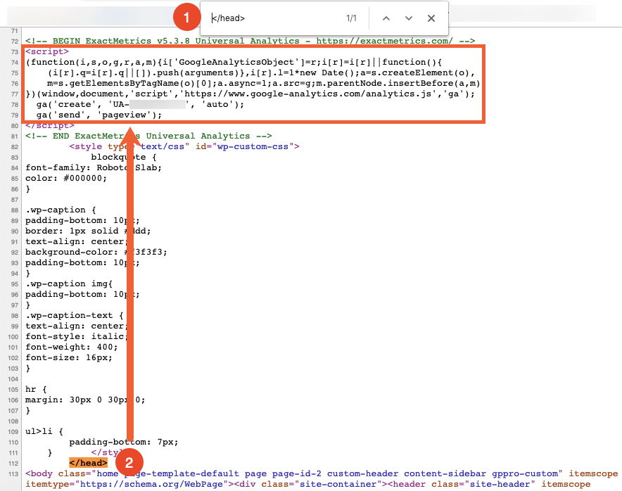 find Google Analytics code in page source