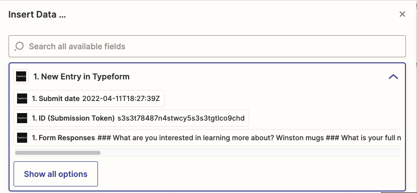 A dropdown of data options from Typeform.