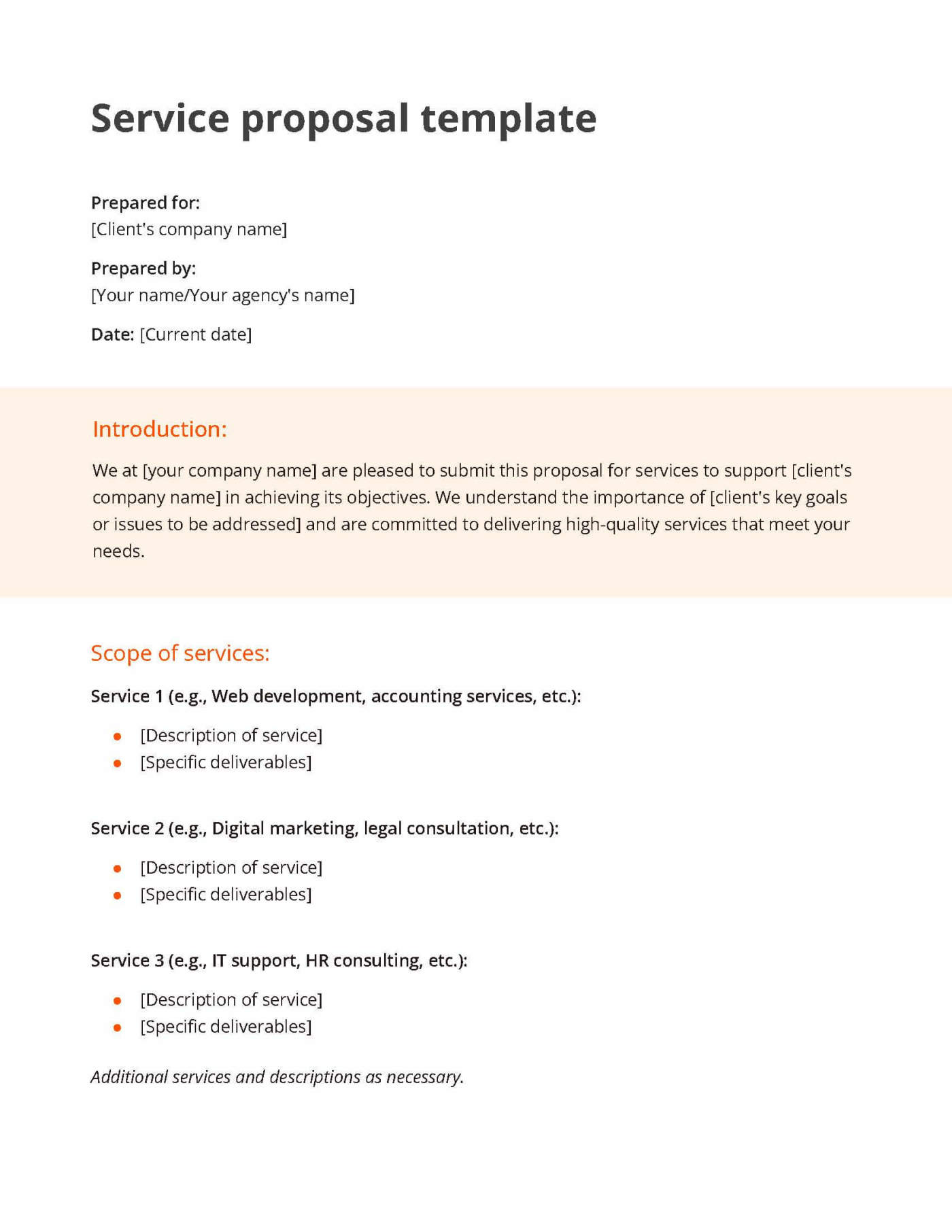 White and orange service proposal template including a section for the introduction and scope of services