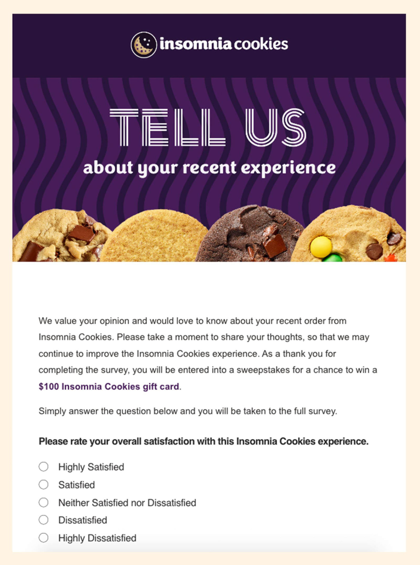 Screenshot of a thank you email from Insomnia Cookies asking the writer to complete a survey to be entered into a sweepstakes