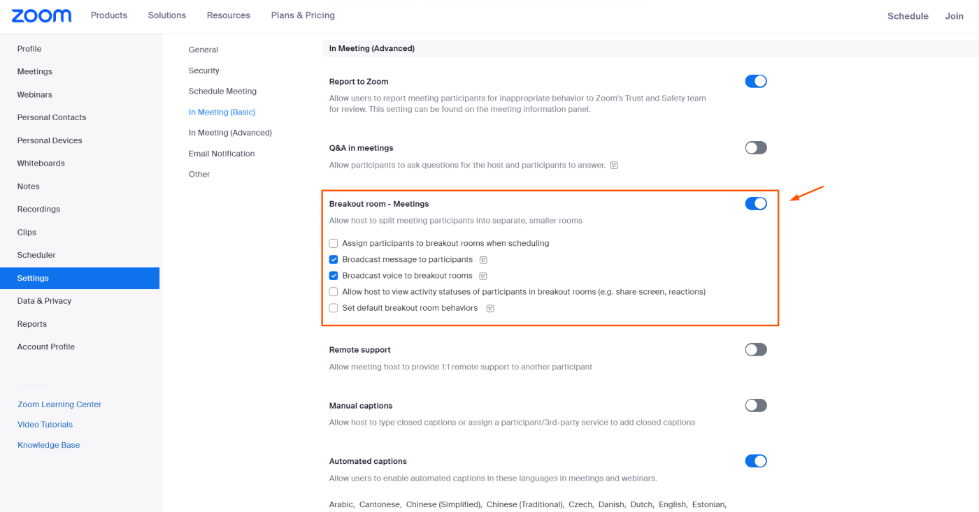 Screenshot of the settings page in Zoom where you can toggle on the breakout rooms option