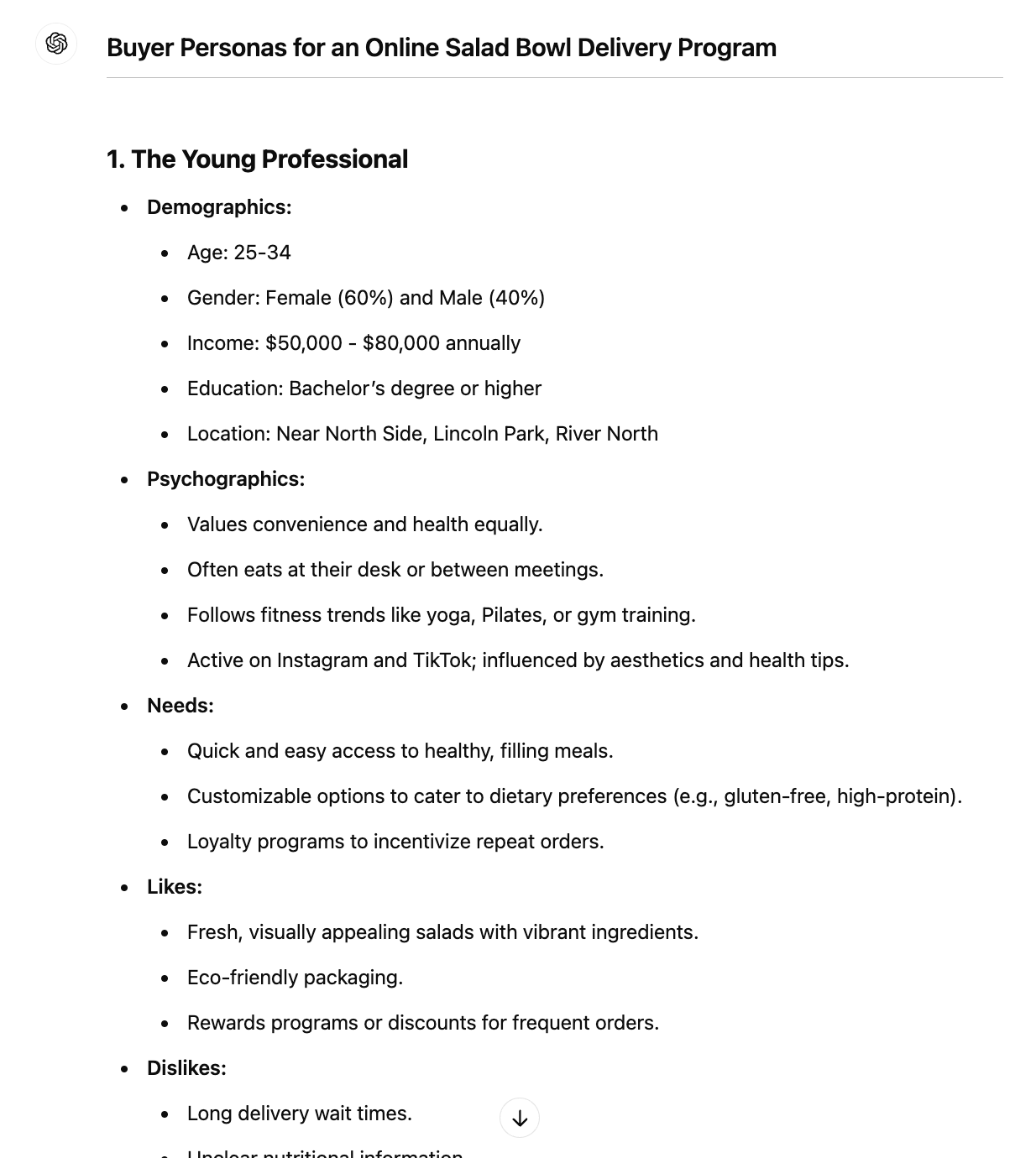 ChatGPT output with a buyer persona for an online salad delivery program. 