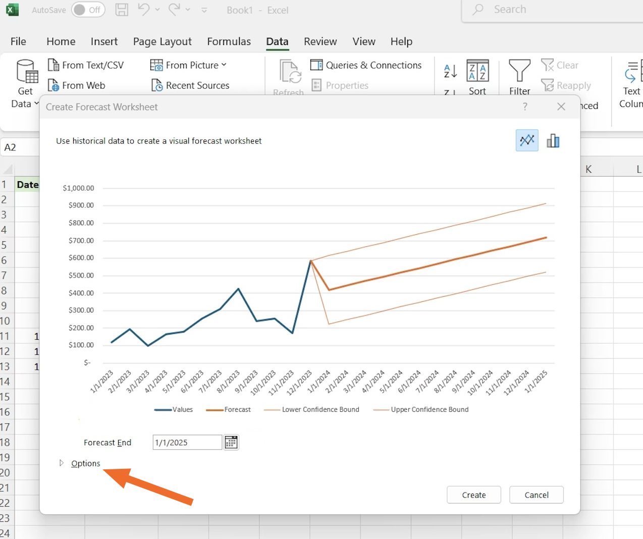 Alt text: a screenshot shows how to use historical data to create a visual forecast worksheet.