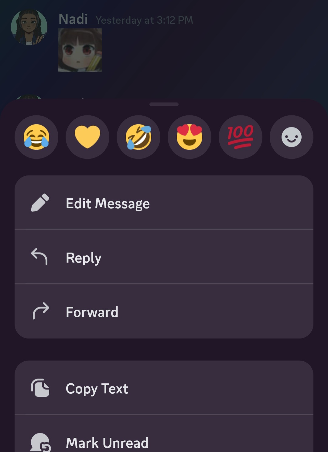 Suggested emoji reactions in the Discord mobile app. 