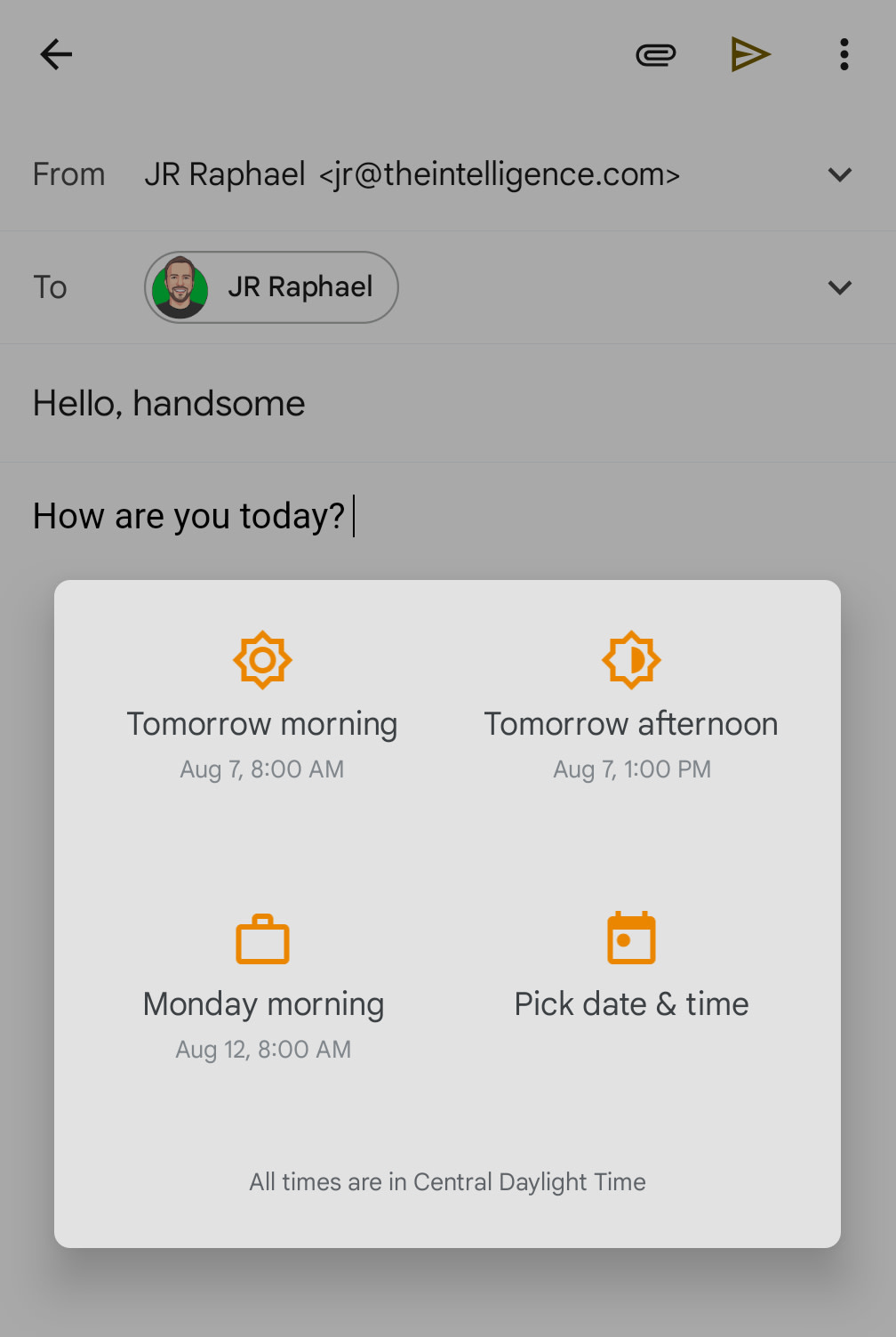 Image showing the options for scheduling an email in Gmail on Android