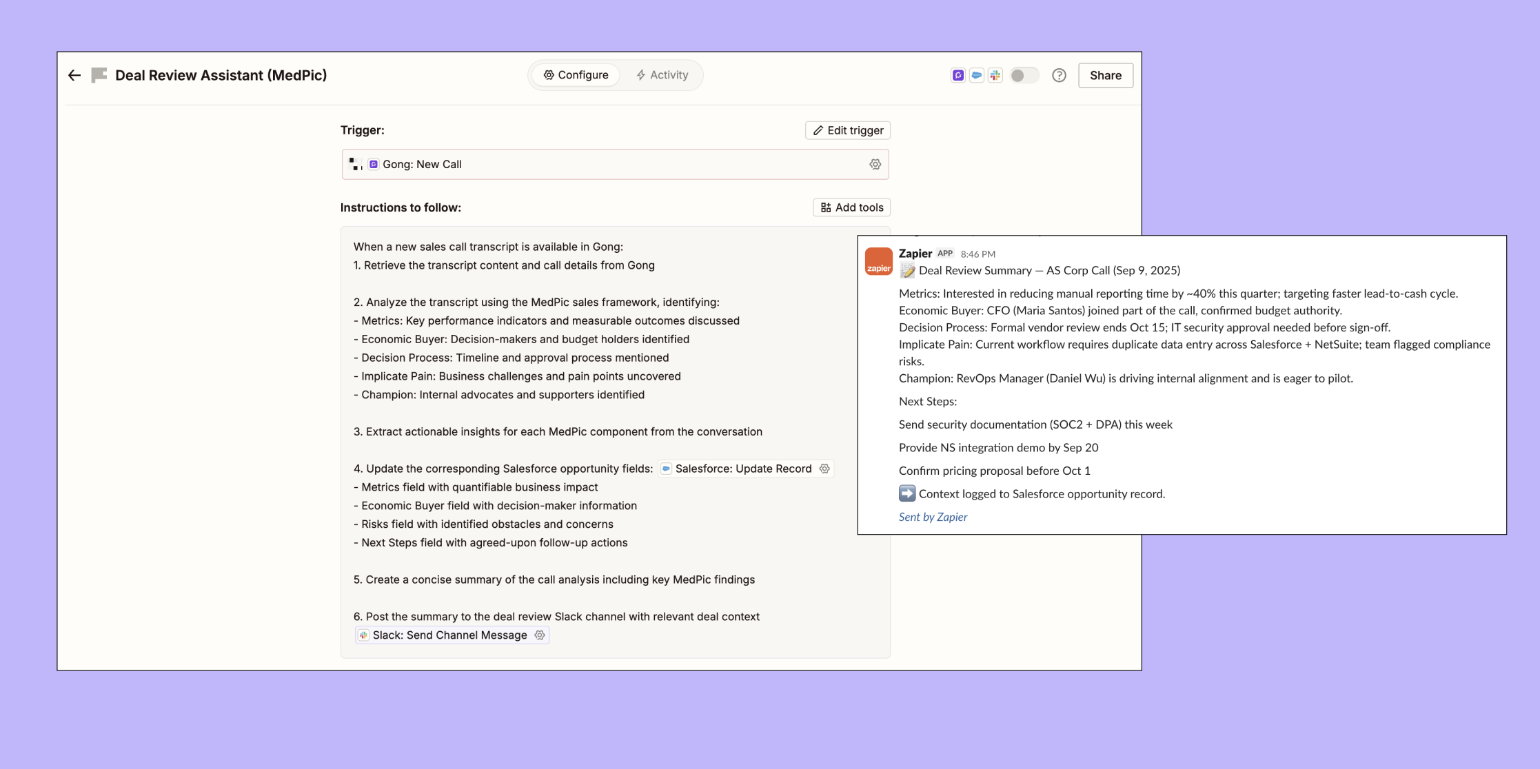 A deal review agent in Zapier Agents.