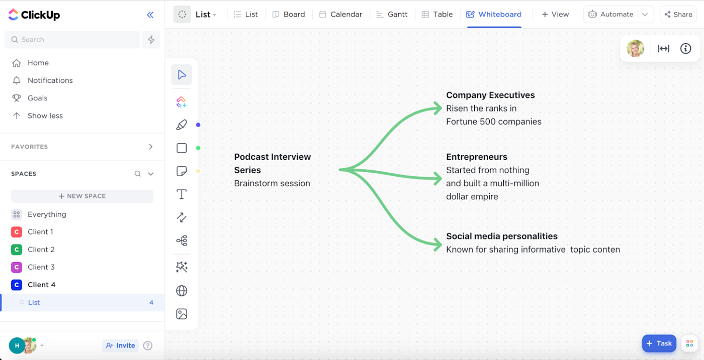 Asana vs. ClickUp: the whiteboard feature in ClickUp