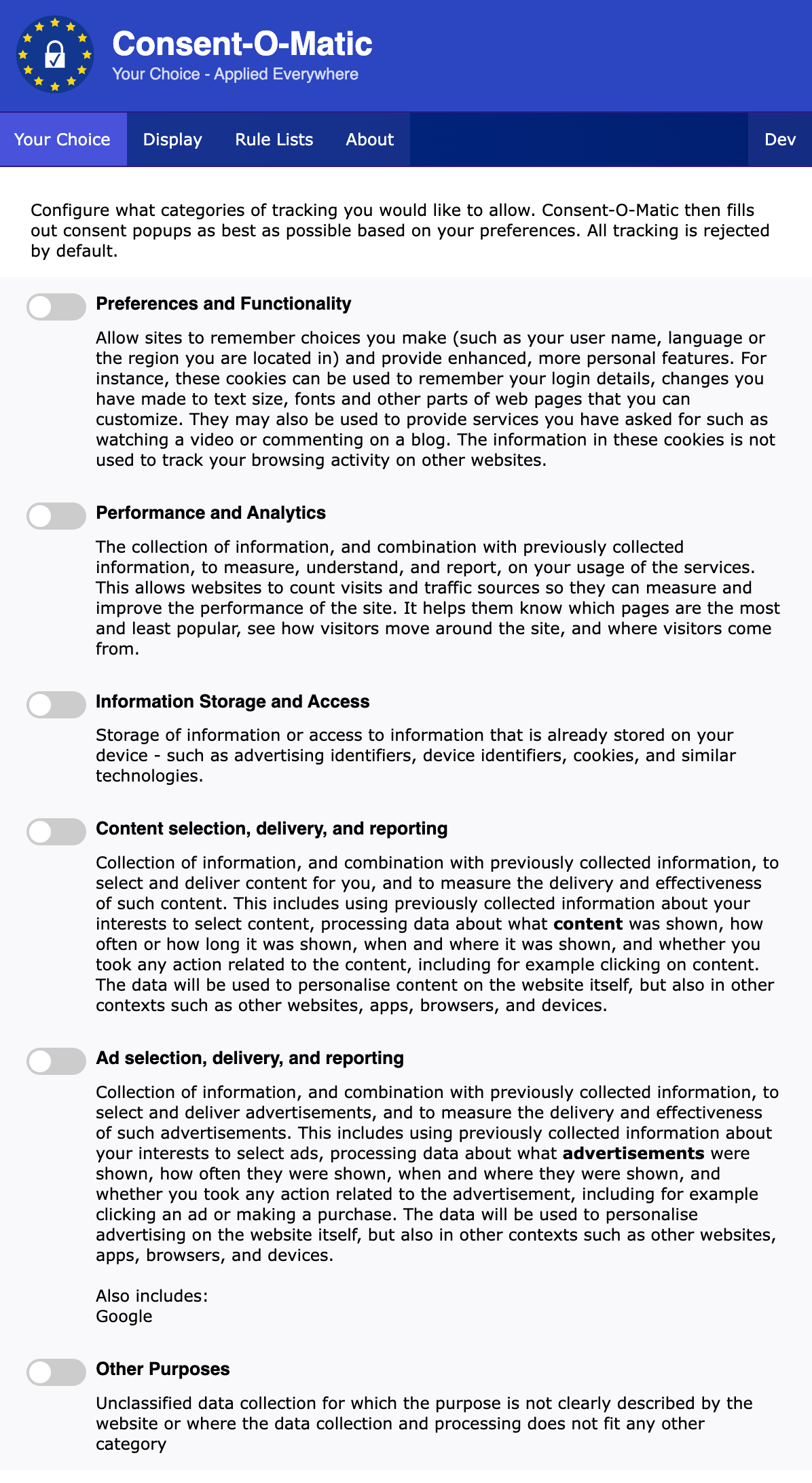 Screenshot of Consent-O-Matic privacy configurations