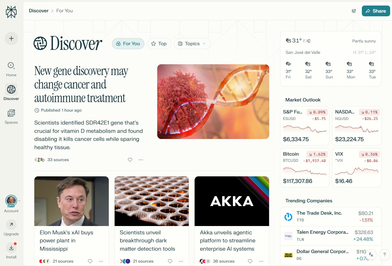 Perplexity's Discover page
