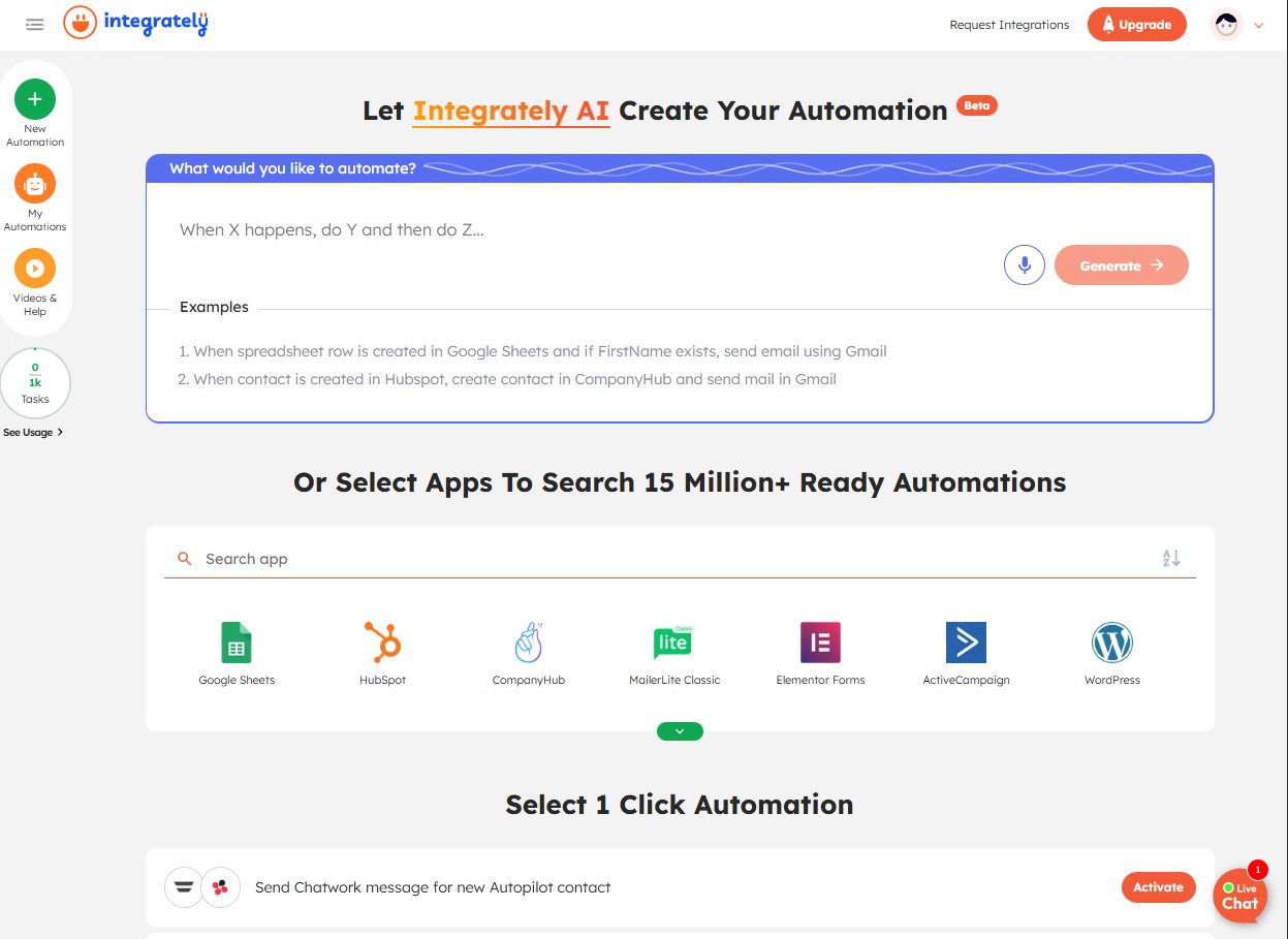 The Integrately landing page, where you can start building automations