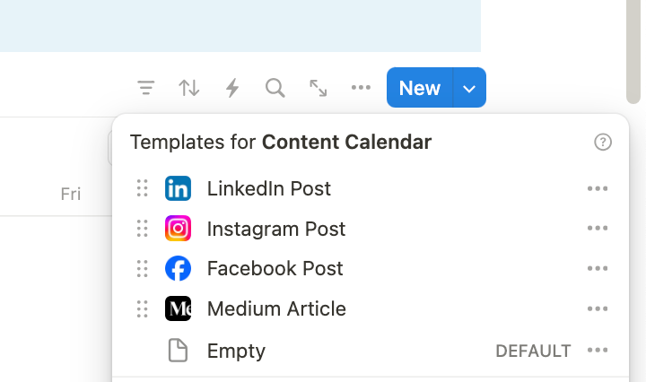 The option to add a new template for a Content Calendar