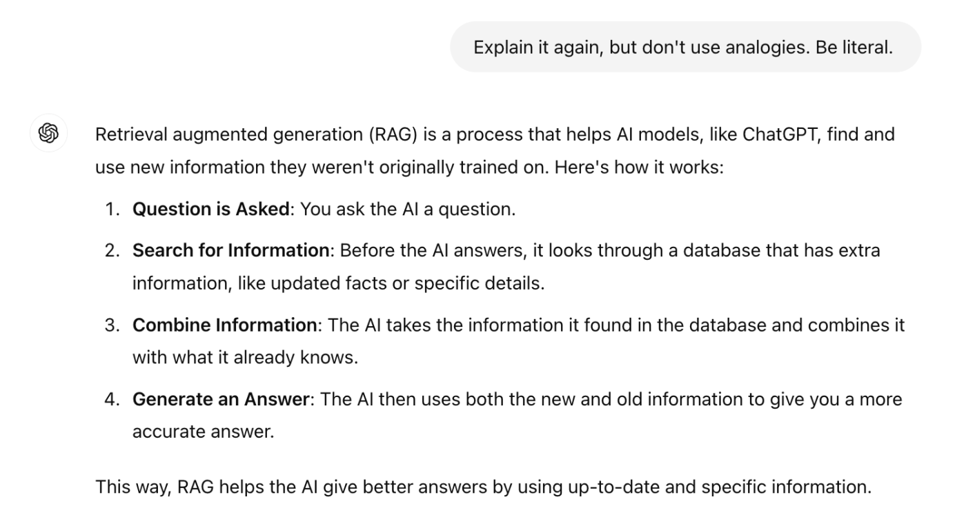 ChatGPT conversation with another simplified explanation of how retrieval augmented generation works.